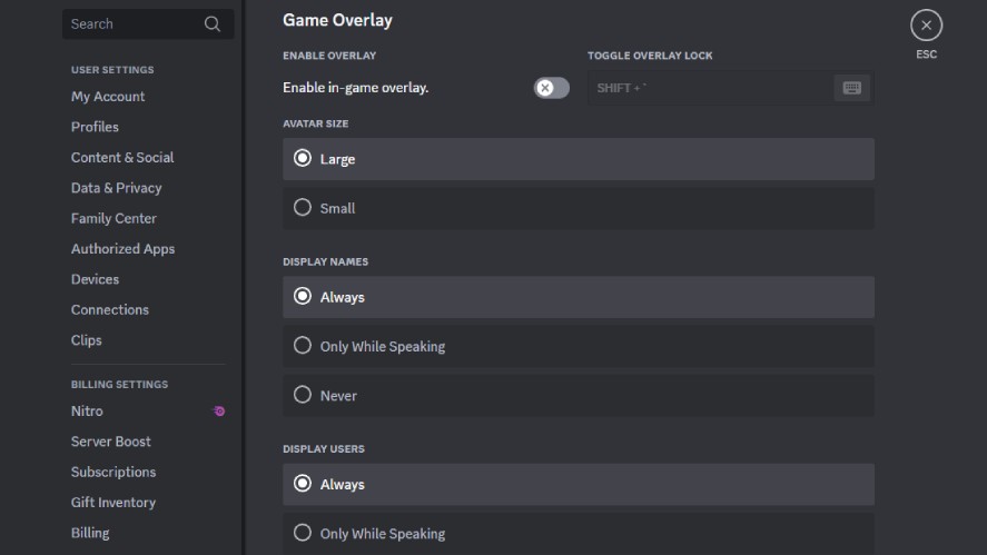 Discord's overlay settings