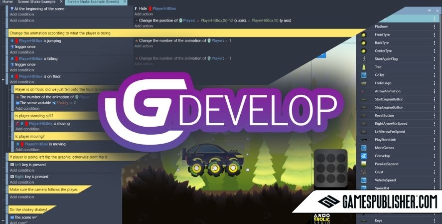 Screenshot of the GDevelop game engine, showcasing its no-code event-based visual scripting system. The interface displays a list of conditions and actions controlling player animations, movement, and camera behavior. In the background, a game scene features a car driving through a forest environment. The GDevelop logo is prominently displayed in the center, with a GamesPublisher.com watermark in the bottom right corner.