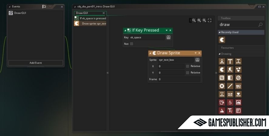 Screenshot of GameMaker Studio's drag-and-drop visual scripting system. The interface displays an event-based logic setup where a 'Key Pressed' condition (VK_Space) triggers a 'Draw Sprite' action. The toolbox on the right shows various drawing functions, while the left panel lists events. The image includes a GamesPublisher.com watermark.