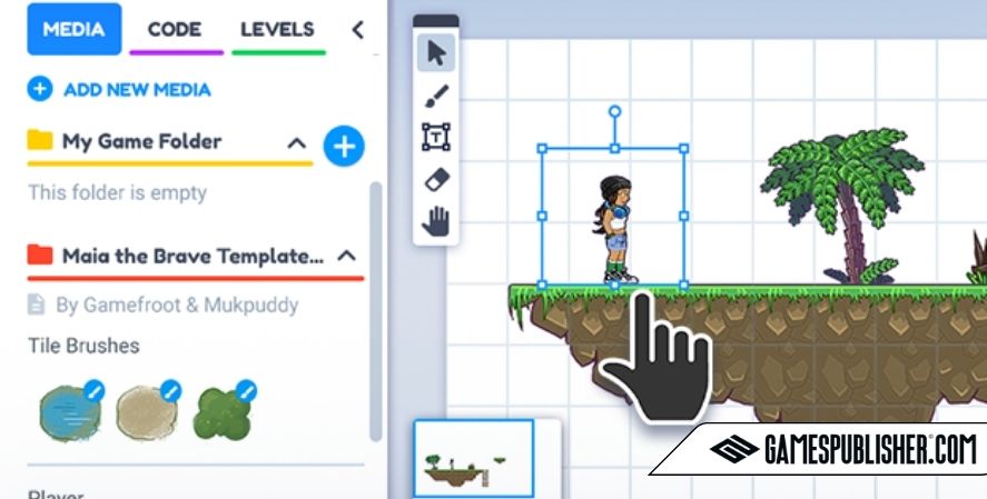 "Screenshot of Gamefroot, a no-code game development platform, showcasing a 2D platformer game editor. The interface displays a character standing on a floating grassy platform, with a palm tree in the background. A large hand cursor icon highlights the drag-and-drop functionality. The left panel contains media assets, tile brushes, and game folders. The image includes a GamesPublisher.com watermark.