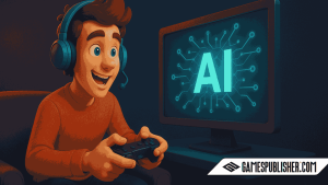A 3D-rendered young man with brown hair and a red sweater intensely playing a video game, sitting in a purple chair, facing a glowing screen with an AI symbol in a dark, neon-lit room.