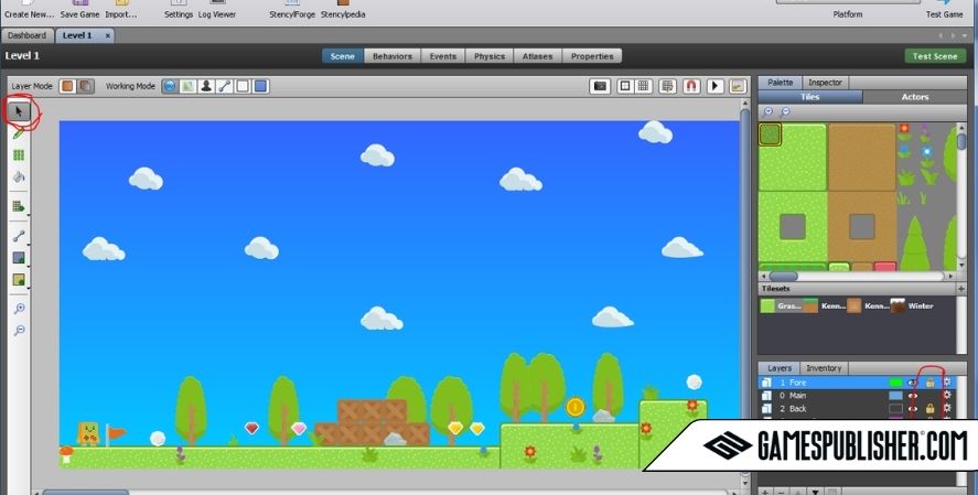 Screenshot of Stencyl, a no-code game development platform, displaying a 2D side-scrolling platformer game editor. The interface shows a colorful game scene with grassy platforms, trees, coins, and clouds. The right panel contains tile palettes and actor properties, while the left panel features editing tools. The image includes a GamesPublisher.com watermark.