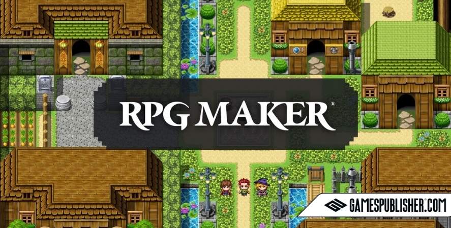 Screenshot of an RPG Maker game, showcasing a top-down pixel-art village scene with detailed houses, rivers, and greenery. Three characters stand in the middle of the town, indicating a classic RPG setting. The RPG Maker logo is prominently displayed in the center, with a GamesPublisher.com watermark in the bottom right corner.