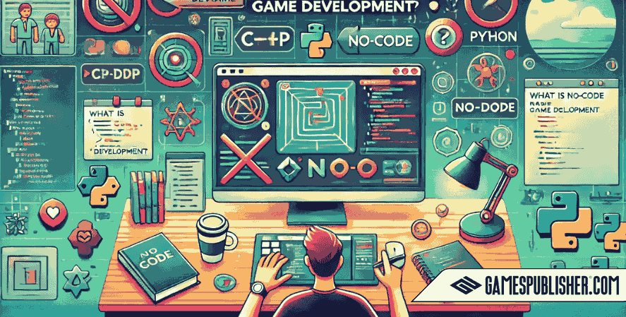 What is No-Code Game Development?" featuring a person creating a game without code, with C++ and Python symbols crossed out.