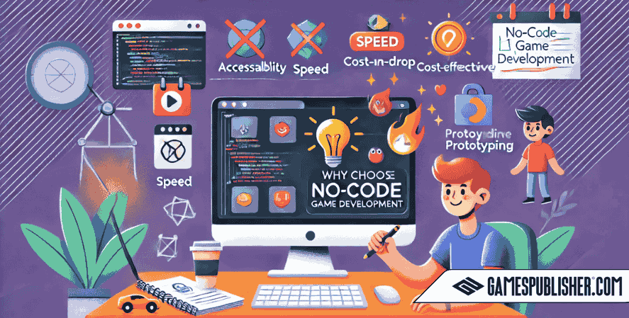 A digital illustration of a person creating a game using a visual, drag-and-drop interface on a computer. Surrounding the workspace are icons representing accessibility, speed, cost-effectiveness, and prototyping. Traditional coding symbols like C++ and Python are subtly minimized in the background. The modern workspace includes a clean desk setup with a coffee cup and a notebook. The title 'Why Choose No-Code Game Development?' is prominently displayed.
