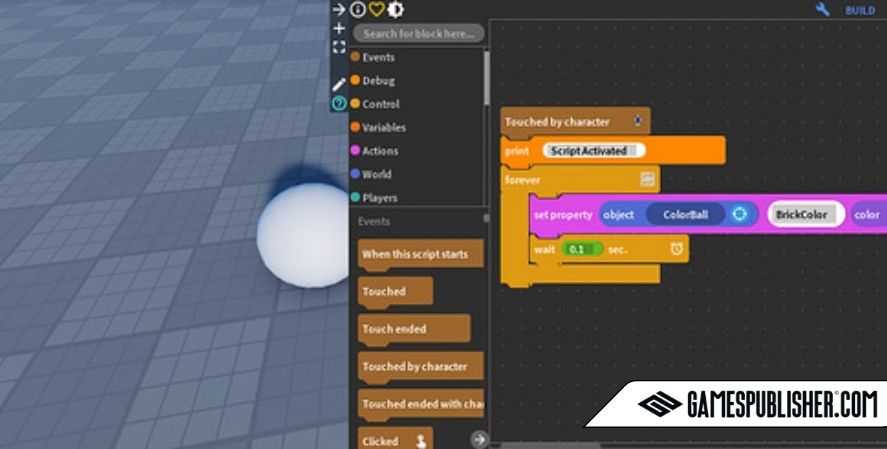 Screenshot of Roblox Studio's visual scripting system using block-based coding. The interface displays a scripting setup where a 'Touched by character' event triggers a 'Script Activated' print message and changes the color of an object named 'ColorBall.' The left panel contains event categories like control, variables, and actions. A 3D scene with a white sphere is visible in the background. The image includes a GamesPublisher.com watermark.