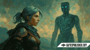 A semi-realistic digital painting of a female warrior with teal hair and armor, standing on a hill and facing a towering humanoid AI figure with glowing blue patterns. The background shows a winding river through a vast, autumn-colored valley under a cloudy sky, blending fantasy and sci-fi elements.