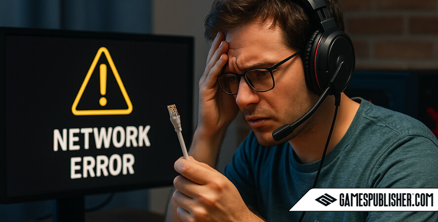 A frustrated gamer with light skin and brown hair sits at his desk wearing a headset, holding an Ethernet cable while looking at a screen displaying a "NETWORK ERROR" message, indicating he's switching to a wired internet connection.