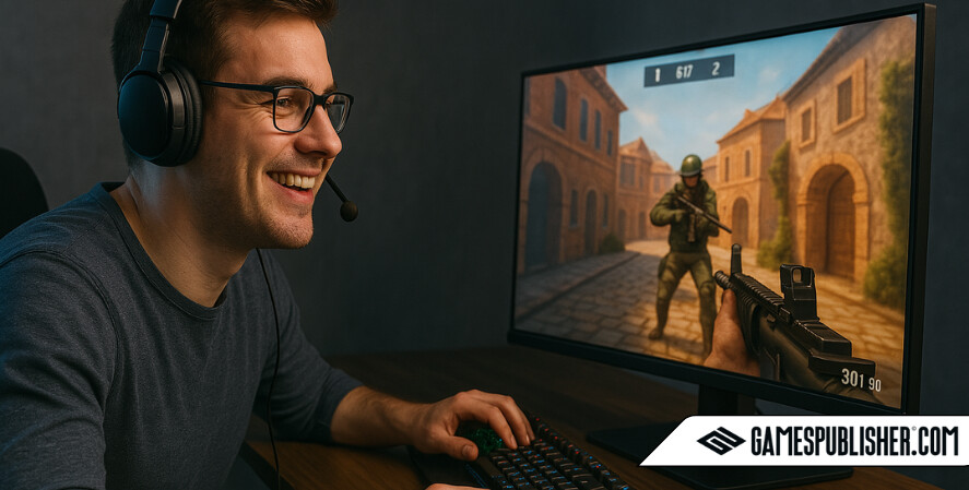 A cheerful young male gamer with glasses and a trimmed beard is enjoying a first-person shooter on his large monitor. Seated at an angle, his smile shows he's fully immersed. The room is dimly lit with ambient blue lighting, and his military avatar is seen navigating a European-style village. The gamer’s hand rests comfortably on a mechanical keyboard and gaming mouse.