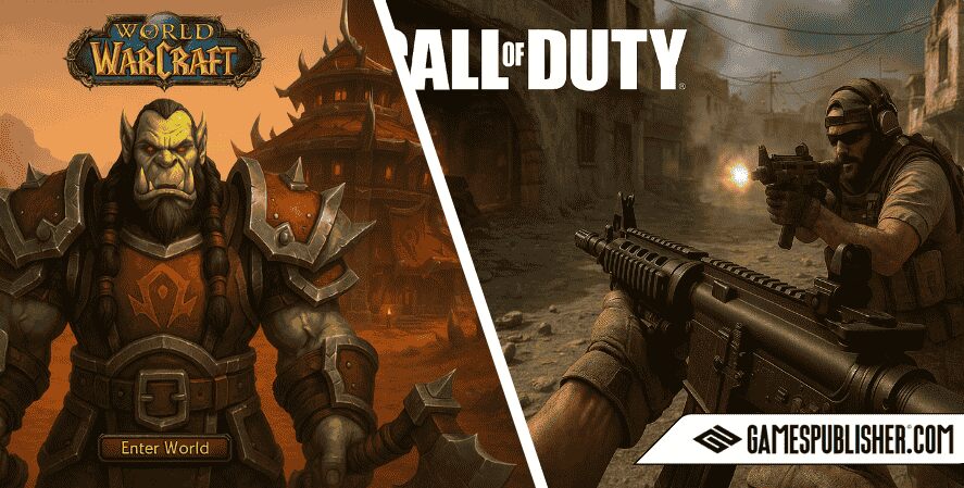 A split-image shows two iconic games: on the left, an orc warrior from World of Warcraft stands in front of a Horde fortress with the "Enter World" button below; on the right, a first-person shooter scene from Call of Duty shows a soldier aiming a rifle during an urban firefight. The bottom right corner features the GamesPublisher.com logo.