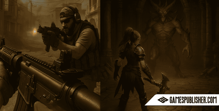 A split-screen digital image shows two gaming perspectives: on the left, a first-person shooter from Activision with a soldier aiming a rifle in a war-torn street; on the right, a third-person view from a Blizzard game with a red-haired warrior facing a towering demon in a dark dungeon.