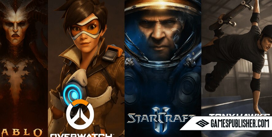A digital collage displays four iconic games: Diablo features a demonic figure with horns, Overwatch shows Tracer in a confident pose, StarCraft highlights a Terran Marine in a space suit, and Tony Hawk’s Pro Skater 1+2 captures Tony Hawk mid-air performing a skate trick indoors.