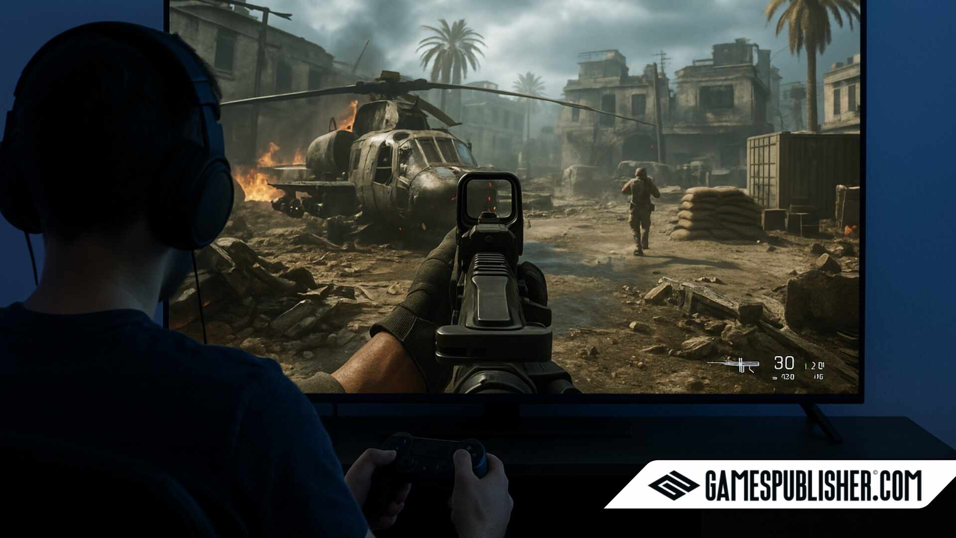 A gamer wearing headphones plays a first-person shooter game, likely Call of Duty, on a large screen in a dimly lit room.