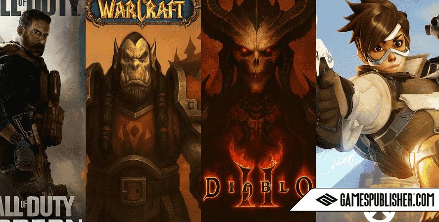 A digital composite showcases four iconic video games: Call of Duty: Modern Warfare with a soldier holding a rifle, World of Warcraft featuring an orc warrior, Diablo with a demonic figure and fiery logo, and Overwatch showing Tracer aiming her pistols in mid-action.