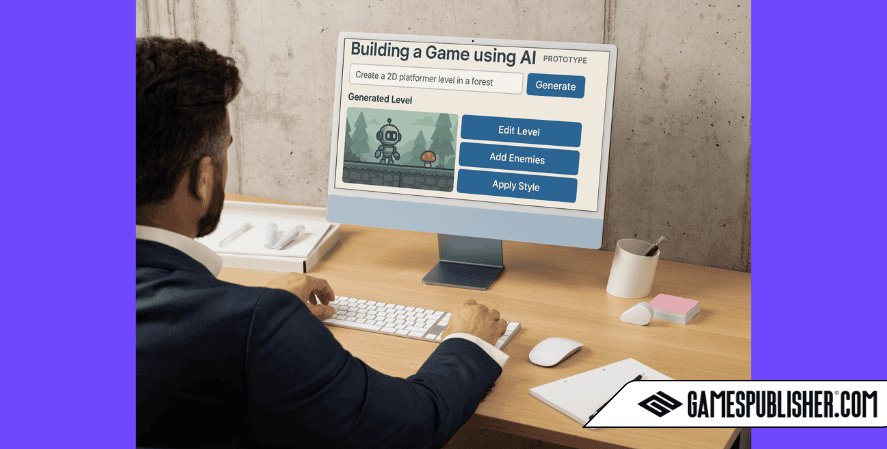 A man in a suit is sitting at a wooden desk using a desktop computer that displays a prototype interface titled “Building a Game using AI.” The screen shows a prompt field, a generated 2D platformer game level with a robot character, and buttons labeled “Edit Level,” “Add Enemies,” and “Apply Style.” A notebook, mouse, and pencil holder are also on the desk. The image includes the logo “GamesPublisher.com” in the bottom right corner.