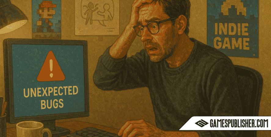 An indie game developer sitting in a chaotic studio, looking frustrated at a screen showing an 'Unexpected Bugs' warning, symbolizing common challenges like debugging and communication issues during game development.