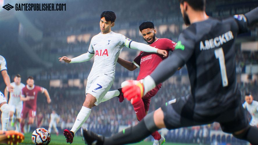 Football players are competing for the ball in EA Sports FC 24