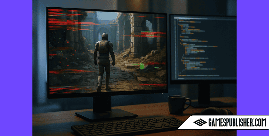 A realistic image of a dimly lit game development workspace showing a computer screen with a sci-fi game character walking through ancient ruins, overlaid with glitch effects like red and green distortion lines. A second monitor beside it displays code, with a keyboard, headphones, and a coffee mug on the desk.
