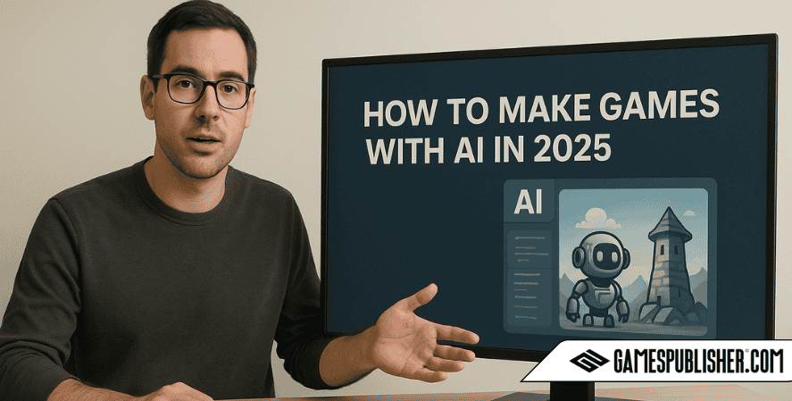 A realistic image of a game developer in his 30s, wearing glasses and a dark shirt, teaching how to make games using AI in 2025. He gestures toward a computer monitor displaying a slide that says "HOW TO MAKE GAMES WITH AI IN 2025" with an illustration of a robot and tower, while seated at a clean, modern desk.