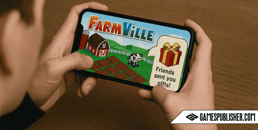 A person holds a smartphone horizontally while playing FarmVille, with a colorful farm scene on the screen and a message saying “Friends sent you gifts!” appearing beside a red gift box icon.