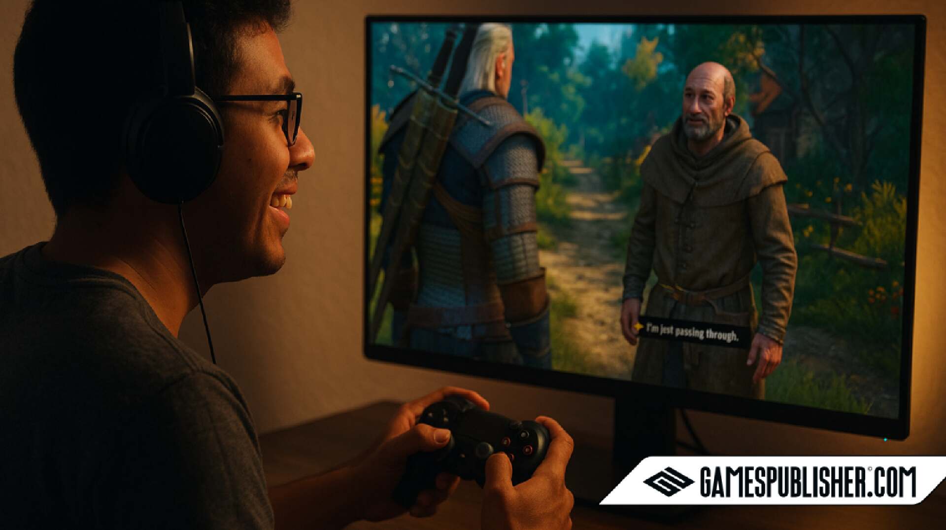 A smiling gamer wearing headphones plays on a controller while interacting with an NPC on-screen in a fantasy role-playing game, set in a vibrant forest path with medieval characters.