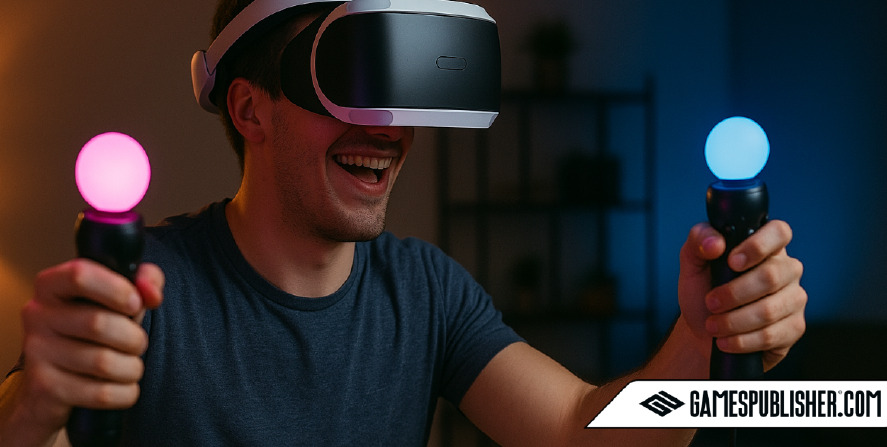 A young male gamer wearing a white VR headset smiles while using two glowing PlayStation Move-style controllers, fully immersed in a virtual reality experience in a dimly lit room.