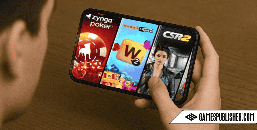 A person looks at a smartphone screen showing four game categories—Puzzle, Card, Word, and Casino—while deciding which type to play.