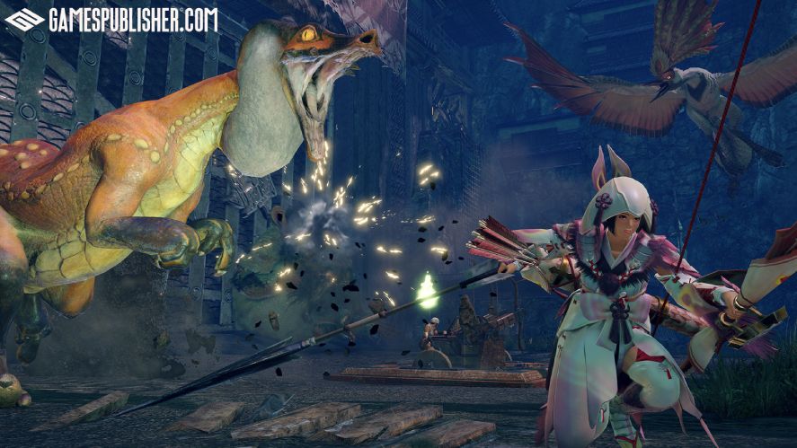 A main character and monsters in Monster Hunter Rise