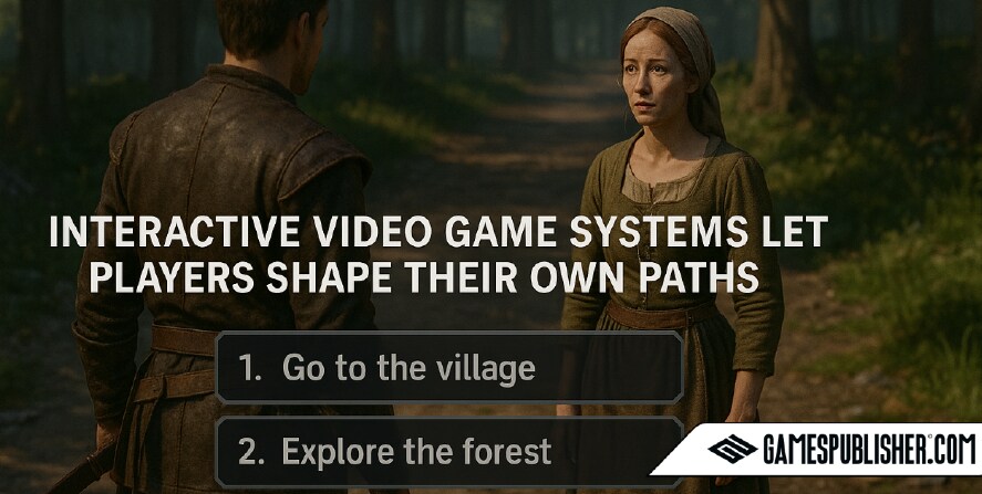 A medieval fantasy video game scene showing a male player character choosing between two story options—"Go to the village" or "Explore the forest"—while speaking with a female NPC on a forest path.