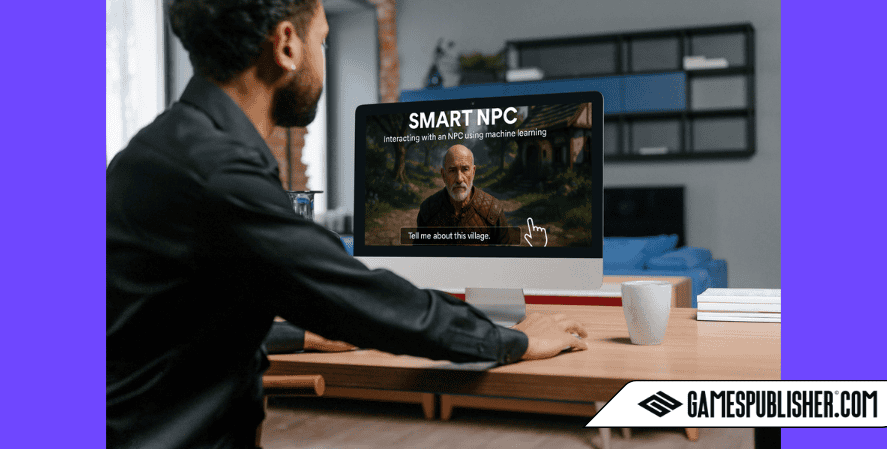 A man in a black shirt is sitting at a wooden desk, interacting with a desktop computer displaying a game screen titled “SMART NPC: Interacting with an NPC using machine learning.” The screen shows an elderly male NPC in a medieval village setting, with a clickable dialogue box saying “Tell me about this village.” The image includes the “GamesPublisher.com” logo in the bottom right corner.