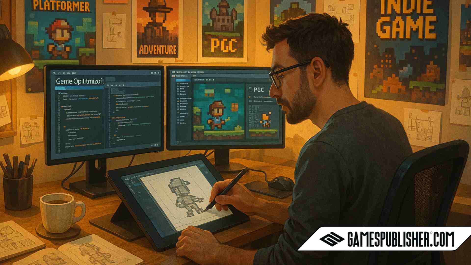 An indie game developer working in a cozy home studio, drawing pixel art on a pen display tablet, with dual monitors showing code and game assets, surrounded by posters and concept sketches.