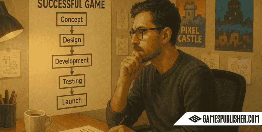 An indie game developer thoughtfully planning a successful game in a cozy studio, studying a flowchart on the wall that outlines stages from concept to launch, surrounded by game posters and sketches.