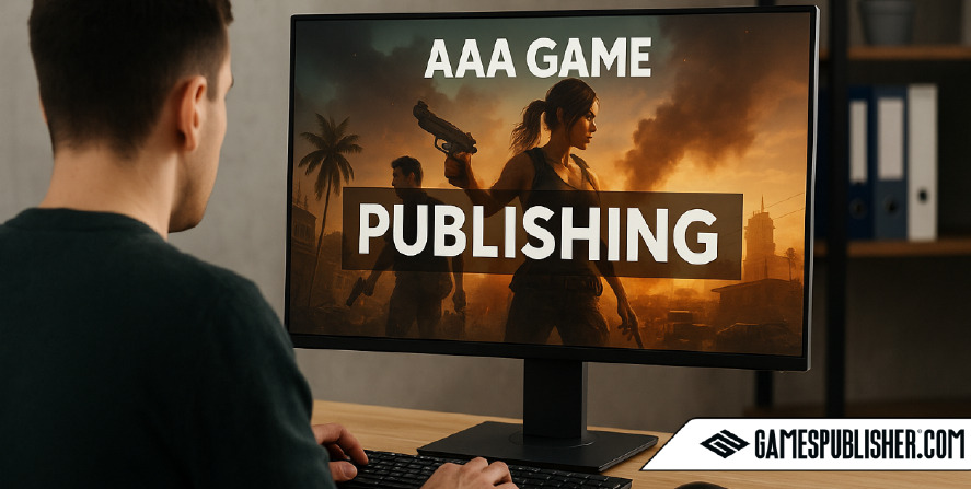what are triple a games. A digital photograph in a modern office setting shows a game publisher working at a desk, reviewing a AAA game promotional screen featuring action characters and the words "AAA GAME PUBLISHING," symbolizing the publisher’s significant role in shaping the direction of high-budget game development.