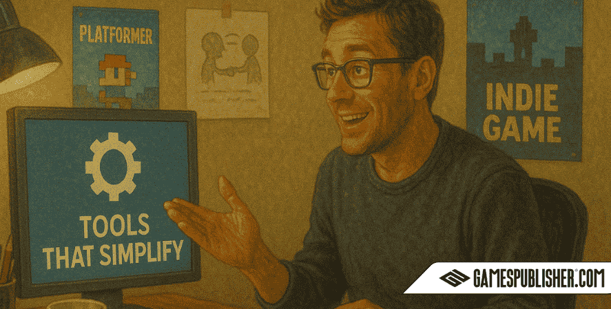 An indie game developer excitedly pointing at a computer screen displaying 'Tools That Simplify' in a cozy studio, symbolizing the discovery of helpful tools that streamline game development from concept to launch.