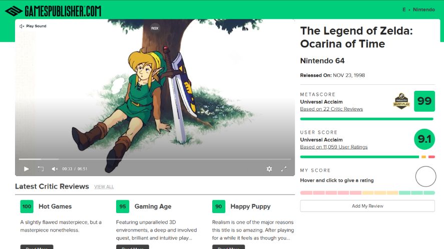 The Legend of Zelda: Ocarina of Time with 99 score on Metacritic