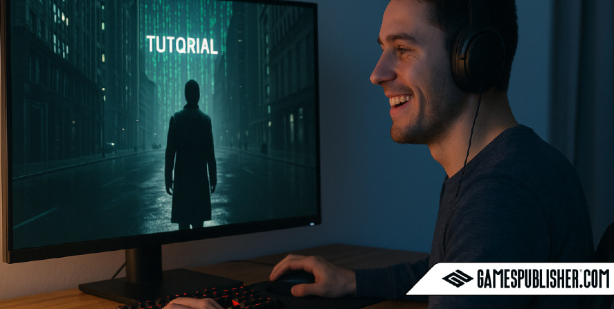 interactive video game systems. A young man wearing headphones smiles while playing a game on his desktop, displaying a tutorial screen inspired by The Matrix, with green code raining behind a silhouetted figure in a dark city street.