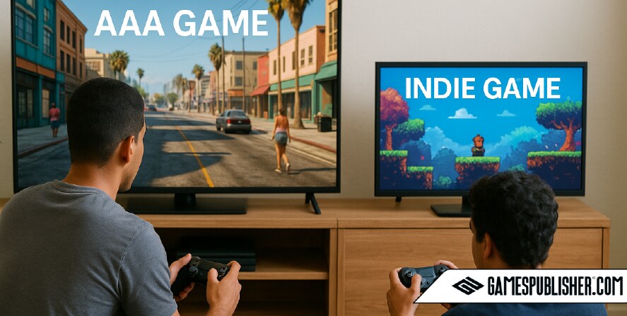 what are triple a games. A photograph captures two young men sitting on a couch, facing forward as they play video games—one playing a realistic open-world AAA game on a large TV, and the other engaged with a colorful indie platformer on a second screen—highlighting the contrast between game styles in a cozy living room setting.