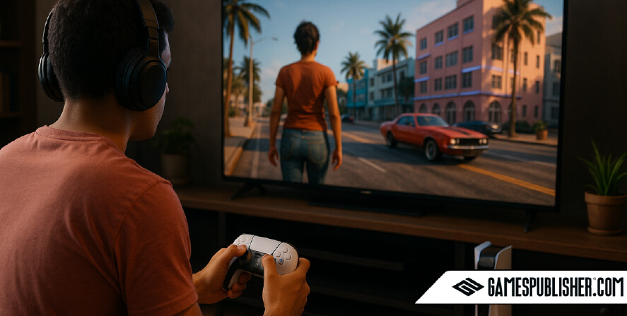 A photograph shows a young man with tan skin and short hair playing a AAA game on a PlayStation 5 in a dimly lit room, wearing headphones and holding a PS5 controller, with a large TV displaying a realistic open-world city scene.