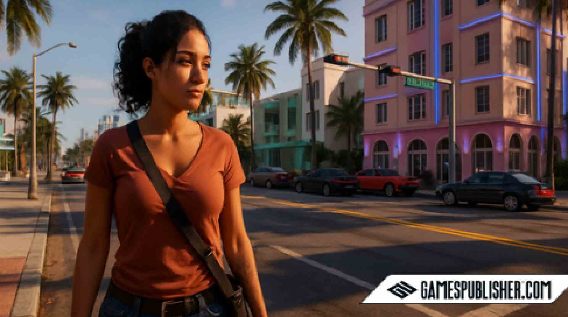 A screenshot from an open-world action-adventure video game showing a realistic coastal city with palm trees, colorful buildings, detailed cars, and a female character walking in sunlight, resembling GTA 6's graphics style.