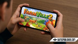 A digital photograph captures a person holding a smartphone horizontally while playing a Zynga game, with the red Zynga Games logo displayed on the screen against a wooden table background.