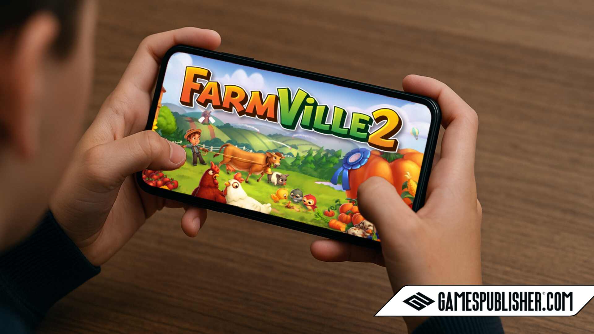 A digital photograph captures a person holding a smartphone horizontally while playing a Zynga game, with the red Zynga Games logo displayed on the screen against a wooden table background.
