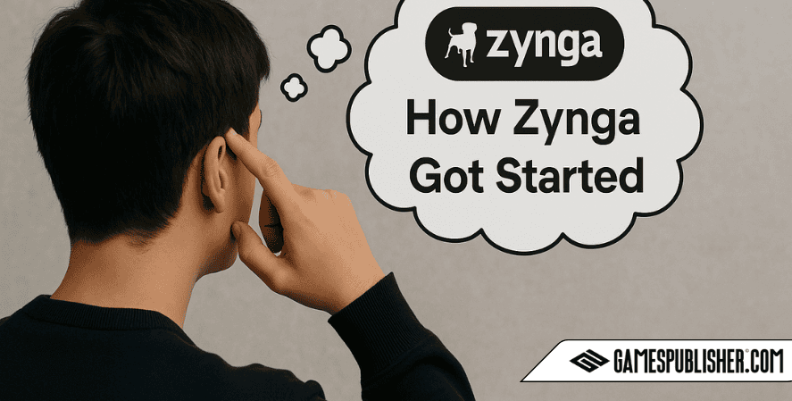 A young person in a navy sweater thoughtfully touches their temple while a thought bubble above reads “How Zynga Got Started” with the Zynga logo inside.