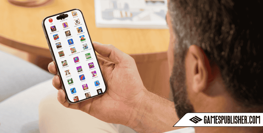 A person browses a list of free games on a smartphone, with the screen showing titles like Match-3 Game, Sudoku, Word Search, and Solitaire along with star ratings.
