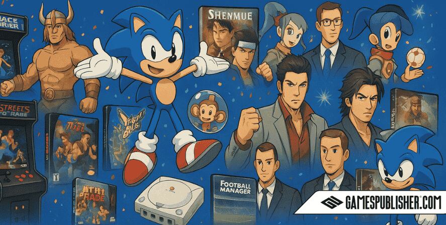 A timeline collage in digital illustration showcases SEGA's video game history from the 1980s to the 2020s. It features classic arcade games, Sonic from the Genesis era, Dreamcast-era titles like Shenmue and Jet Set Radio, and modern franchises like Yakuza, Football Manager, and Sonic Frontiers. Characters and box art are arranged from left to right on a blue background with decade labels, evoking nostalgia and celebration of SEGA’s legacy.