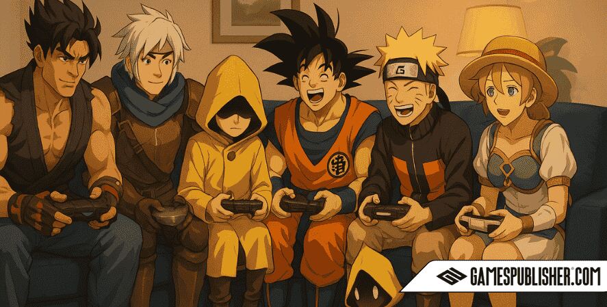 A digital illustration features eight recognizable Bandai Namco game characters — including Jin Kazama, Alphen, Six, Goku, Naruto, Luffy, Sophitia, and a Nome — sitting together on a couch in a cozy living room, playing video games with controllers in hand, each drawn in a warm, stylized art style.