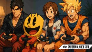 A digital illustration features four iconic video game characters from Bandai Namco — Jin Kazama, Pac-Man, Asuka Kazama, and Goku — sitting on a blue couch in a warm-lit living room, all holding game controllers and interacting joyfully in a stylized character design reminiscent of anime and game art.
