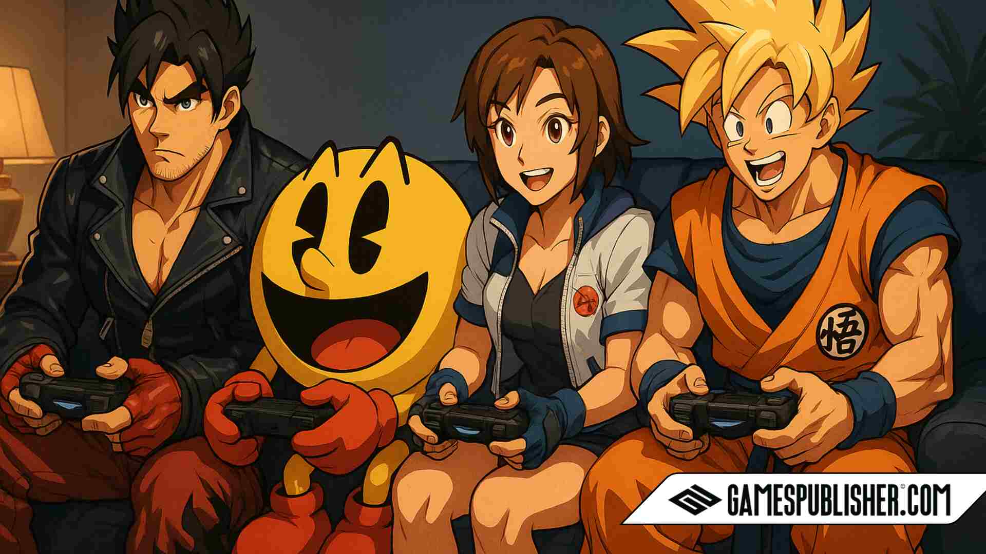 A digital illustration features four iconic video game characters from Bandai Namco — Jin Kazama, Pac-Man, Asuka Kazama, and Goku — sitting on a blue couch in a warm-lit living room, all holding game controllers and interacting joyfully in a stylized character design reminiscent of anime and game art.