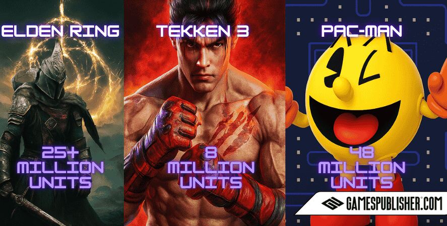 A composite digital illustration features three iconic Bandai Namco characters: a knight from Elden Ring standing under a glowing symbol in a dark forest, Jin Kazama from Tekken 3 in high-detail graphics with a fiery background, and Pac-Man joyfully posing in front of a classic arcade maze with vivid colors and retro elements.