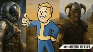 A split-image showing a Starfield astronaut, Fallout's Vault Boy, and the Dragonborn from The Elder Scrolls, each in their unique environment representing sci-fi, post-apocalyptic, and fantasy worlds.