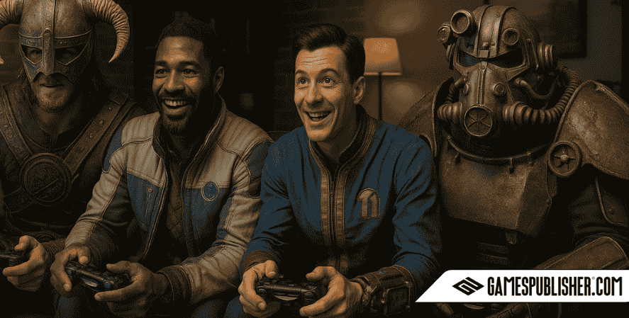 Dragonborn from Skyrim, a Starfield explorer, a Vault Dweller from Fallout, and a character in Power Armor sitting on a couch, playing video games together in a cozy living room, showcasing a fun crossover of Bethesda game characters.